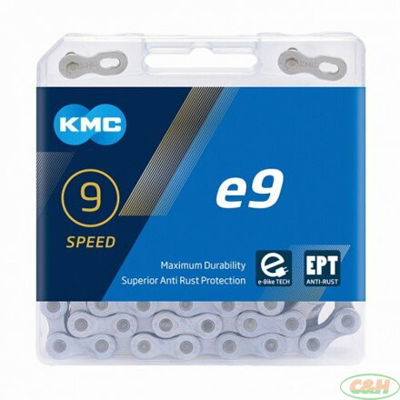 řetěz KMC e9 E-bike, EPT povrch šedý, v krabičce 136 čl.