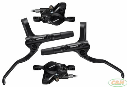 brzda kotoučová SHIMANO MT200 černá, přední + zadní komplet bez kotoučů / černé hadice