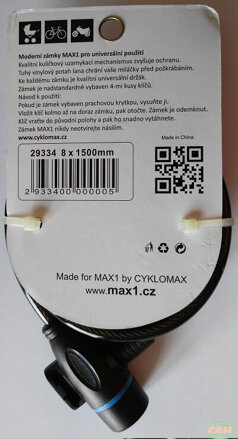 zámek spirála MAX1 1500x8 mm 4 klíče, černý